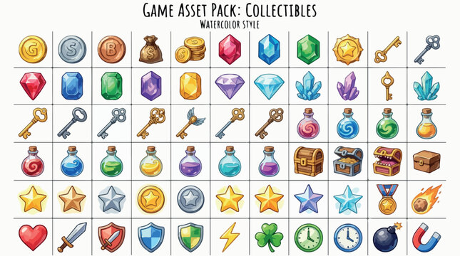 Watercolor game asset pack of 66 collectibles, fantasy RPG icons with gems, potions, and keys, hand-drawn style loot and power-up vector set
