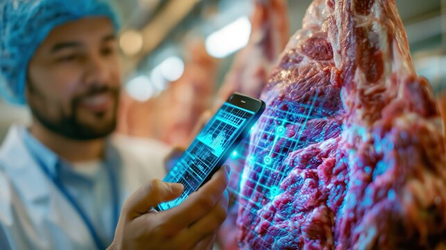 Meat quality inspector scanning beef carcass with digital technology