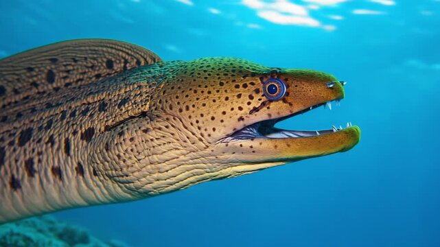 Giant Moray Eel swimming in clear blue ocean water with mouth open showing sharp teeth in a vibrant tropical underwater scene