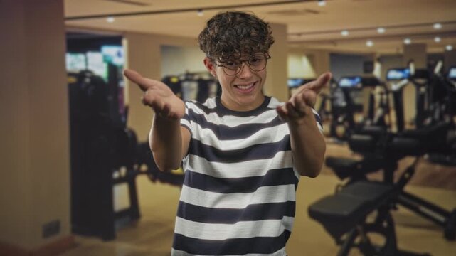 Boy with outstretched hands reaching toward camera, smiling and wearing striped shirt in an indoor gym building with exercise machines visible; friendly invitation.