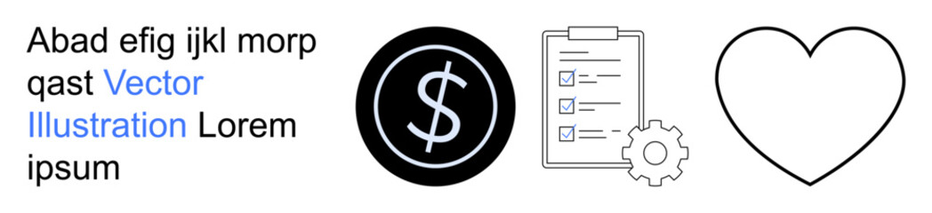 Fototapeta premium Business planning, finance, productivity, goal setting, system optimization, teamwork. Circular dollar sign, clipboard with lists gear and heart symbol. Business planning and finance concept