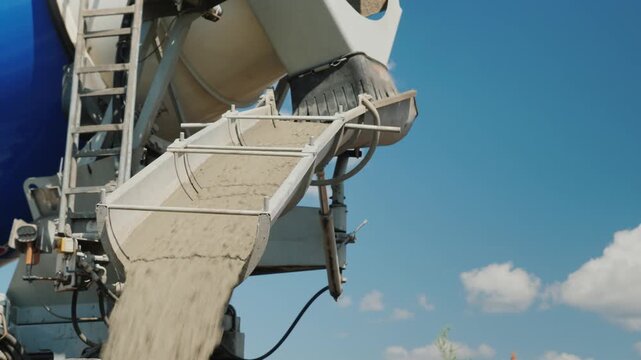 Concrete mixer truck pouring wet cement mix from chute into construction site pit on sunny day with blue sky and white clouds above industrial job work area building materials process heavy machinery.