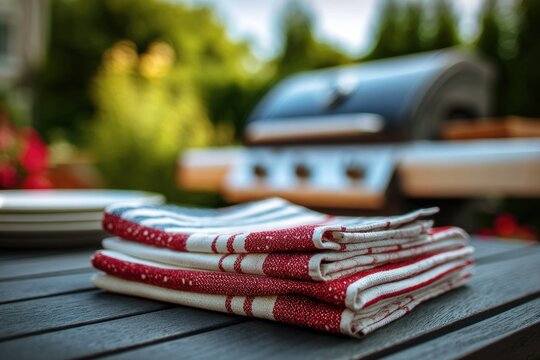 Folded Patriotic Napkins on Table with Backyard Grill