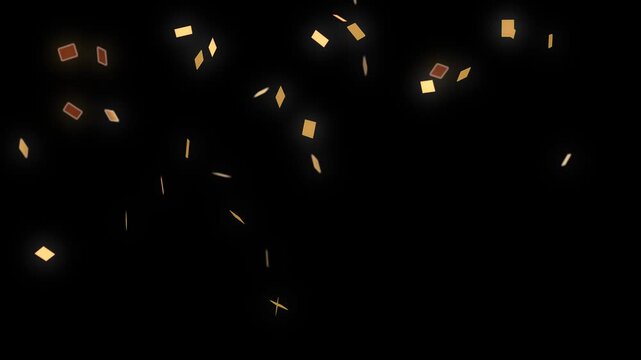 3D realistic golden confetti falling animation on black screen. Slow motion 4K overlay video of confetti ribbon popper falling.