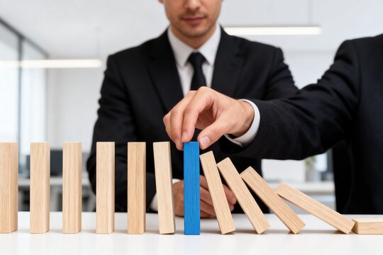 Businessman placing blue block in domino line