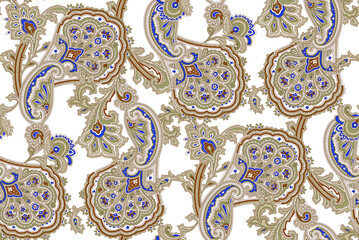 Intricate paisley pattern with blue and gold designs on white background © Wolfworker