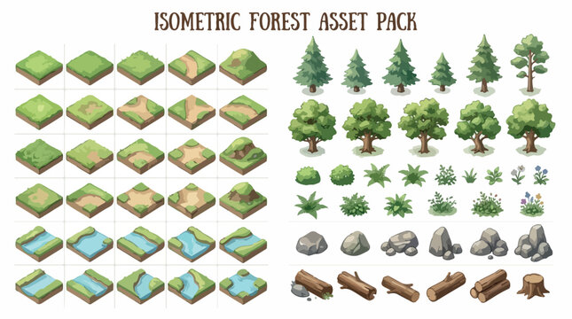Isometric forest asset pack, nature environment map tiles with trees and rocks, green landscape vector collection for game design and world building