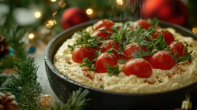 A close-up of a delicious baked crab dip topped with cherry tomatoes and green herbs, presented on a festive Christmas table adorned with holiday decorations.