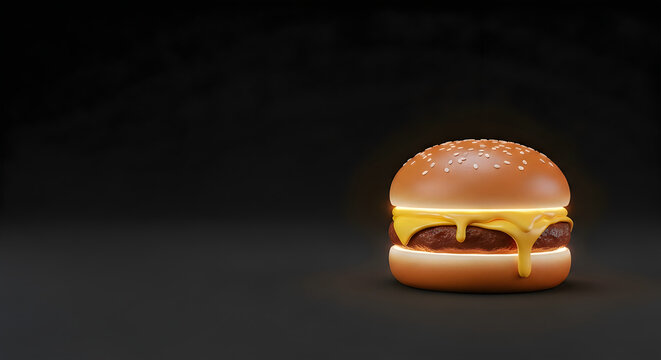 3d render of a delicious cheeseburger with glowing light layers against a dark background