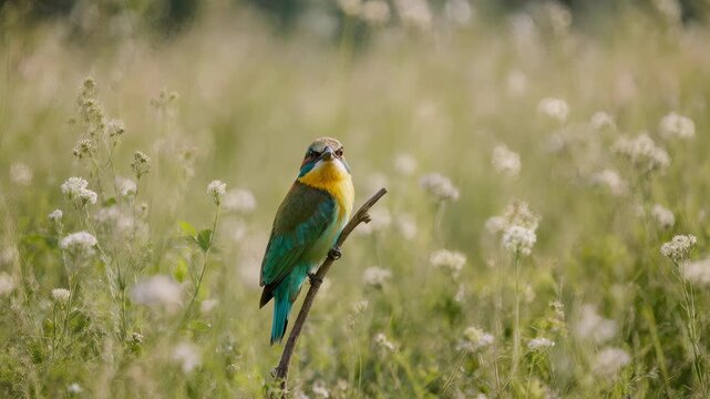 A stunningly colorful European bee-eater rests on a dry branch amidst a soft-focused field of small white wildflowers.