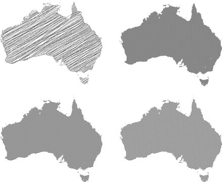 Australia Map Set with Scribble and Solid Gray Styles Isolated on White Background