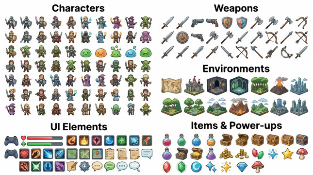 Pixel art game assets mega pack, fantasy RPG characters and weapons vector set, isometric environments and UI elements for video game development