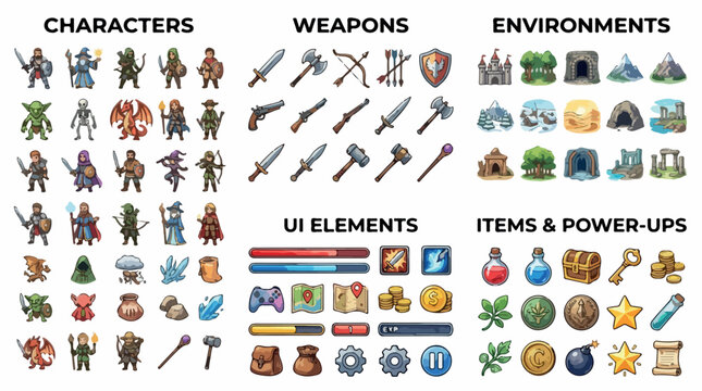 Fantasy RPG game assets collection, pixel art characters and weapons vector set, medieval environments and UI elements for mobile gaming