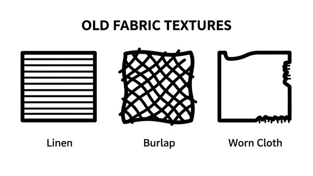 Old fabric texture icons set representing linen surface burlap weave worn cloth material patterns for textile design material resource industry description structure crafting background