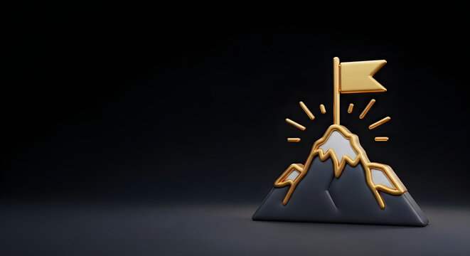 3d render of a mountain peak with a golden flag on top representing success and achievement on a dark background