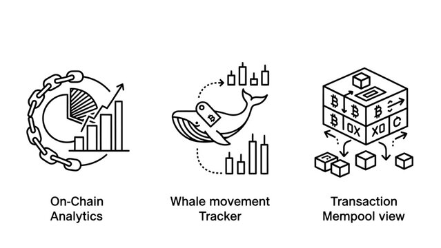 Cryptocurrency on-chain analytics whale movement tracker and transaction mempool view vector icons on chain with blockchain cryptocurrency analytics transaction on-chain monitoring ethereum