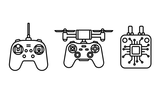 Drone remote control and electronic flight controller circuitry line icons for unmanned aerial vehicles with controller technology electronics processor motherboard wireless aircraft quadcopter