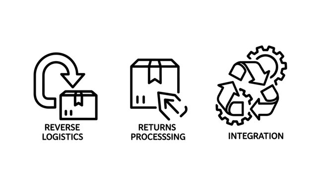 Icons representing reverse logistics returns processing integration with supply chain e commerce logistics processing integration business shipping delivery workflow management operations