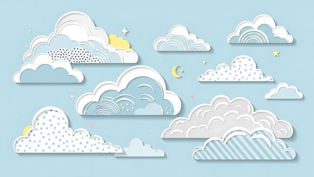 Decorative cloud illustrations on a blue backdrop with star and moon elements