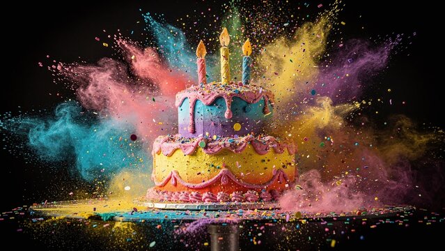 Vibrant multi-tiered birthday cake exploding with colorful powder and sprinkles, featuring lit candles against a dark background, creating a dynamic festive celebration scene.