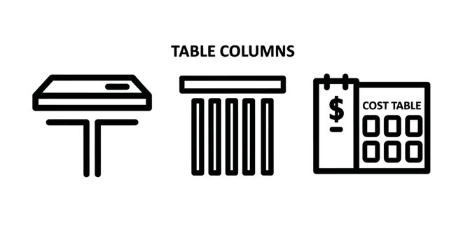 Data structure and financial cost table reporting icons featuring table column layout symbol and spreadsheet document with dollar sign for budget analysis spreadsheet document analysis accounting