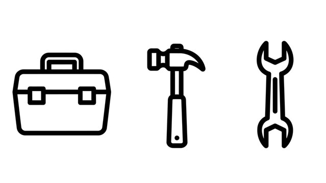 Set of manual tool icons including a portable toolbox with a handle a carpenter's claw hammer a double-ended spanner wrench construction maintenance hardware industry handyman carpenter