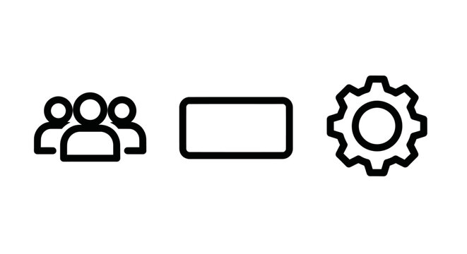 Minimalist line icon set representing team collaboration user interface button and system settings configuration with configuration rectangle interface business management development software
