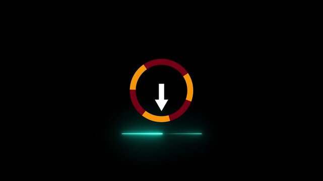 Neon Glowing Download Progress Animation.Circular Loading Bar with Arrow Icon on Black Background, A rotating loading bar with a downward arrow icon,animated circle loading 4k video animation