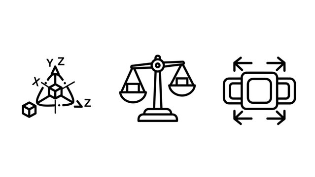 Technical line icons representing xyz coordinate system balance scale for comparison and scaling transformation with coordinate dimension geometry equality equilibrium comparison measurement
