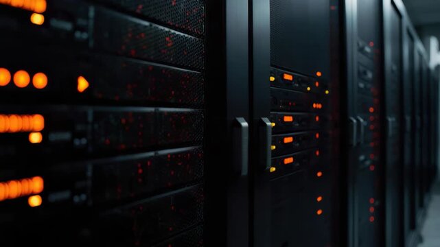 Dark data center rack server corridor with glowing orange status lights, network cabinet hardware