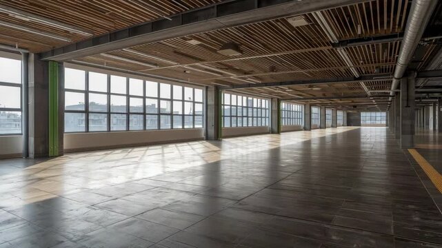 Spacious empty industrial loft with large window and wooden ceiling casting warm light creating