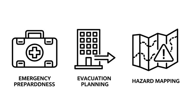 Emergency preparedness icons set including a medical first aid kit a building evacuation planning symbol with exit arrow a hazard mapping folded map for safety emergency preparedness planning