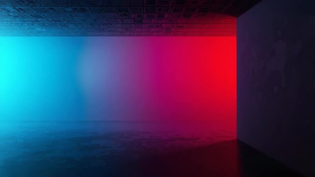 Neon blue and red empty room with reflective floor and textured ceiling creating moody gradient