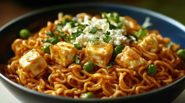 A close-up of a freshly made noodle dish featuring cheese, peas, and seasonings, served in a bowl on a table.