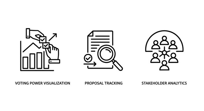 Corporate governance and data analytics linear icon set for business reports with visualization proposal stakeholder analysis business corporate governance management statistics document
