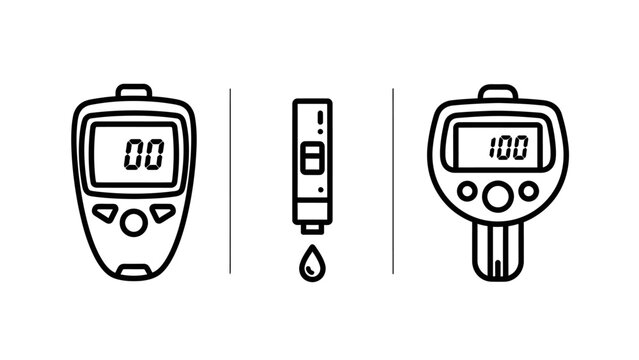Blood glucose level monitoring medical icons featuring digital glucometer and lancet glucometer diabetes diagnostic clinical analysis measurement medicine healthcare equipment minimalist