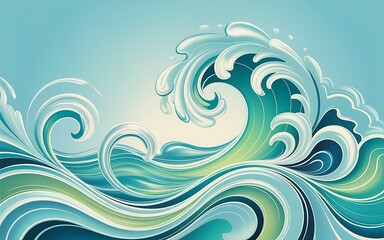Fototapeta premium Stylized ocean waves in teal and white swirling pattern on transparent background