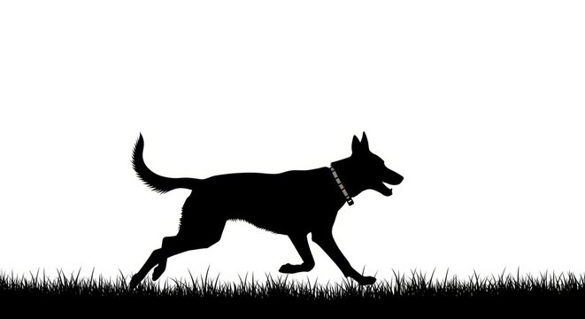 Silhouette of a Running Dog in Grassy Field.