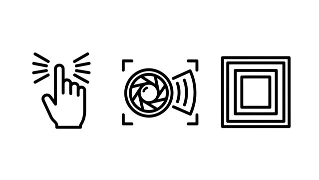 Digital interface interaction icons illustrating touch input camera shutter focus and square frame selection tools interface selection interaction technology software photography aperture