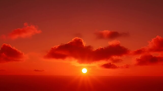 Radiant sunset with fluffy orange clouds over horizon golden