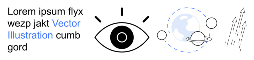 Vision, exploration, technology, universe, innovation, creativity. Eye with radiating lines paired with planet orbit and arrows. Vision and exploration through symbolic elements and design © robu_s