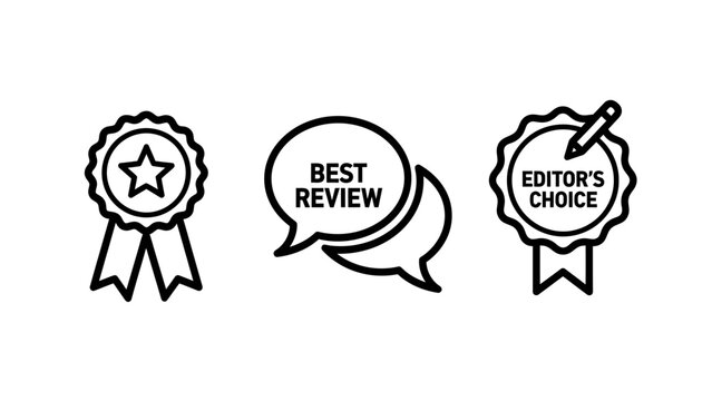 Set of reward and feedback linear icons showing an achievement badge best review speech bubbles editor choice award feedback recognition customer satisfaction approval achievement