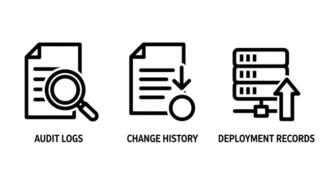 Set of black linear icons representing database management operations including audit logs change history deployment records with deployment database management tracking information monitoring