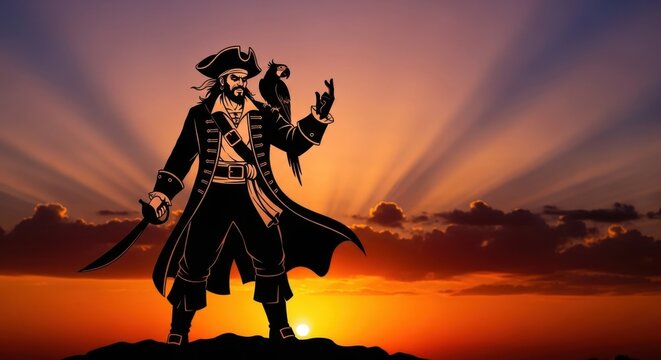 Silhouette of a Pirate with a Parrot at Sunset.