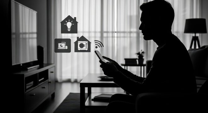 Man using a smartphone to control smart home devices, showcasing modern technology and automation for convenience and comfort.
