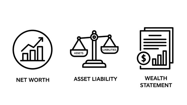 Financial wealth management assets liabilities and net worth report icons with financial management liabilities statement business investment accounting document analysis increase corporate