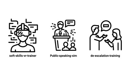 Fototapeta premium Professional skills training icons representing virtual reality public speaking conflict de-escalation with training education development speaking conflict learning professional communication