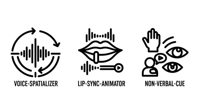 Audio and visual communication icon set featuring voice spatializer lip-sync non-verbal cues spatializer animator communication animation expression language waveform technology interface