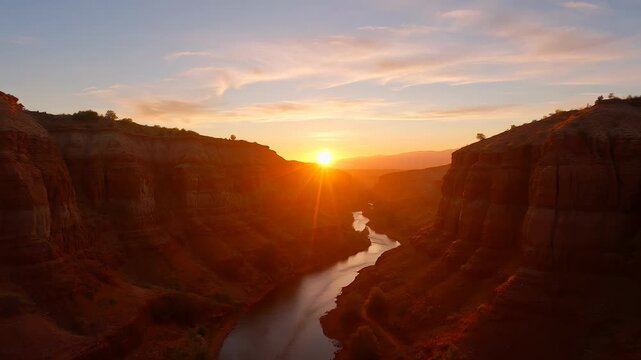 Sunrise over canyon cliff with river valley and single figure hiking cliffs
