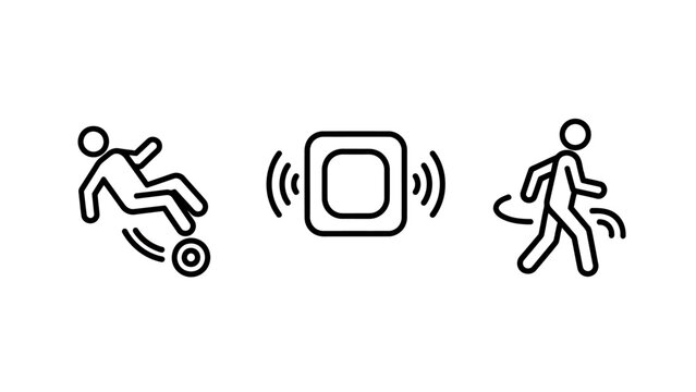 Human motion monitoring and activity tracking icons with fall detection tracking system sensor data tracking activity movement detection wearable technology measurement monitoring analysis